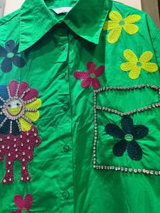 Quirky Embellished Green Patchwork Shirt