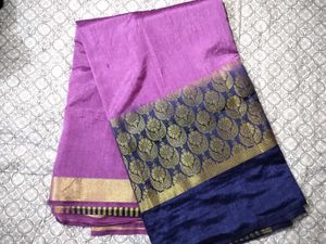 Purple Silk Saree with Navy & Gold Border