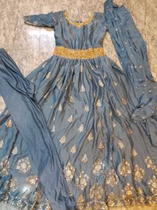 Elegant Grey & Gold Anarkali Suit