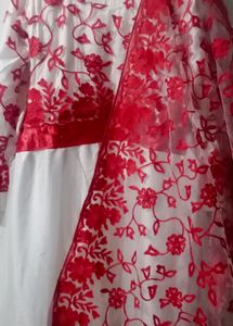 Net Gown With Red Embroidery + Dupata
