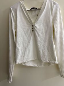 White Ribbed Button-Down Top