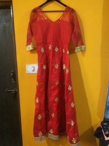 Red &amp; Gold Embroidered Anarkali Dress