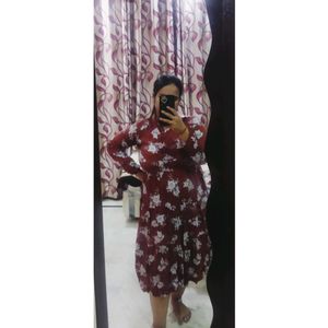 Brown Floral Middi Dress