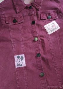 Vintage Wine Crop Denim Jacket with Mickey Patch