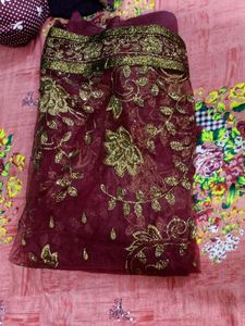 Maroon &amp; Gold Embroidered Dupatta