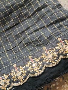 Cut Work Saree With Blouse Black And Pink