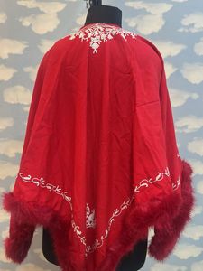 Red Kashmiri Embroidered Poncho with Fur Trim