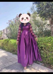 “Elegant Purple Silk Gown with Lace Sleeves