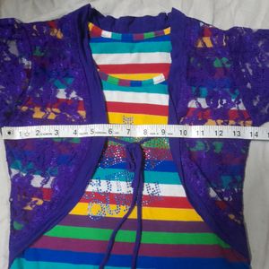 🌈Rainbow Stripes T-shirt Girls Top With Net Shrug