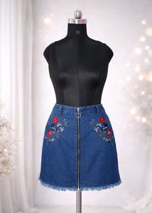 Floral Embroidered Denim Mini Skirt
