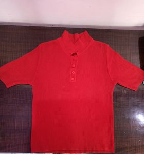 Chilly Red Self Design Fitted Polo Neck Tshirt