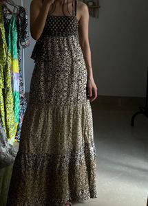 Brown&amp;Beige Printed Tiered Maxi Dress