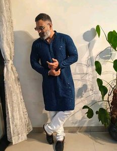 Men's Blue Embroidered Kurta And Pyjama