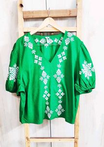 Green Embroidery Work Cotton Top Si,e-46-48