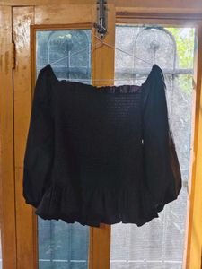 Black Smocked Puff Sleeve Top