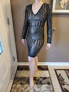 URBANIC Black And Nude Sequinned Bodycon Dress