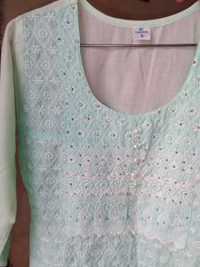 Elegant Light Green Embroidered Cotton Kurta.