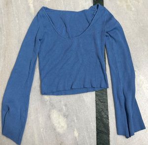 Blue Ribbed Knit Bell Sleeve Sweater