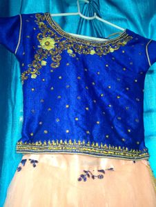 Blue &amp; Peach Embroidered Lehenga Choli Set
