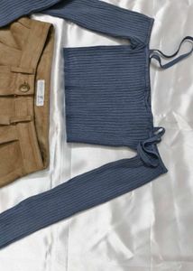 Cute Blue Top &amp; Brown Shorts Set