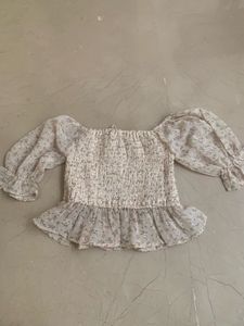 Floral Smocked Peplum Top with Puffy Sleeves