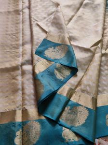 Cream And Blue Pure Silk Saree