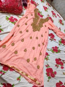 Peach Embroidered Sharara Suit