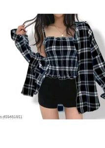 Trendy Plaid Top &amp; Cardigan Set