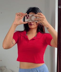 Red Polo Neck Crop Top