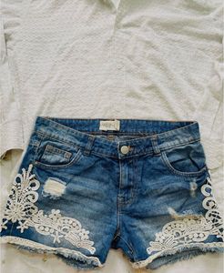 H&amp;m Inspired Lace Denim Shorts And White Shirt