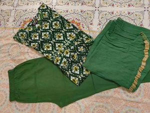 Enchanting Green Hand Block Kurti Pant wid Dupatta