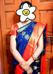 Royal Blue & Red Sari with Gold Details