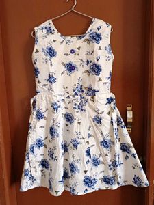 White Frock with blue Floral Print