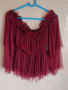 Women Maroon Net Trendy Peplum Top of Size L