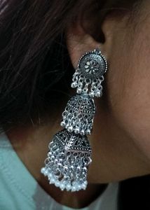 Silver Jhumka Earrings with Pearl Accents