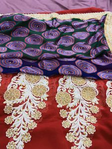 Maroon &amp; Gold Embroidered Saree Fabric