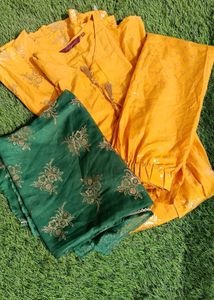 Ethenic Musturd Polyester Kurta Set With Dupatta