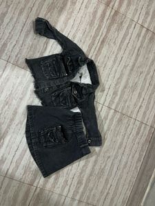 denim skir, white ribbed t shirt and  jac