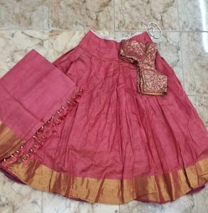 Pink & Gold Lengha Skirt with Blouse Fabric