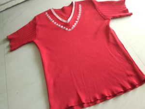 Stylish Red Knitted V-Neck T-Shirt – Gently Used