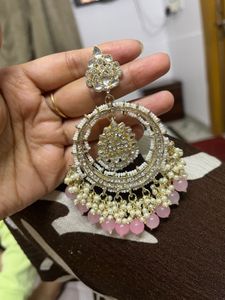 Pink Beaded Chandbali Earrings