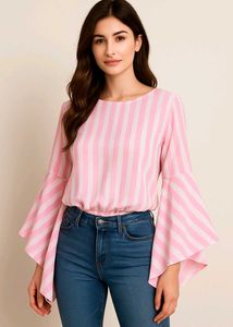 Pink Striped Bell Sleeve Top