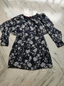 Women Navy Blue printed designer A-line dress