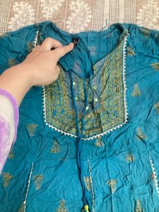 Green &amp; Yellow Embroidered Frock Pant Set With Dup