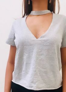 Grey V-Neck Choker T-Shirt
