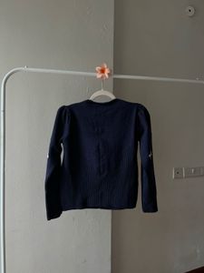 Vintage Navy Blue Embroidered Knit Cardigan