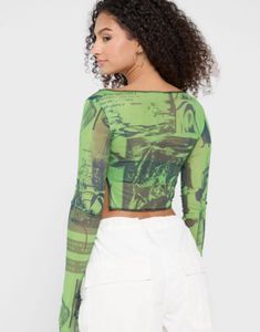 Green Printed Mesh Top