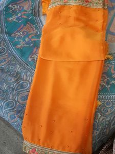 Partywear Mustard Work Saree With Sticthed Blouse