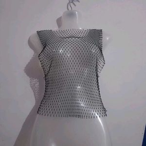 Diamante  mesh Top sleeveless  black net  tank