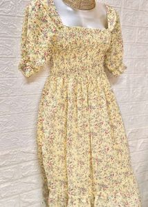 Mini Floral Print Yellow Midi Size Dress